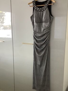 R&M Richards Silver Sequin Beaded Neck Maxi Dress